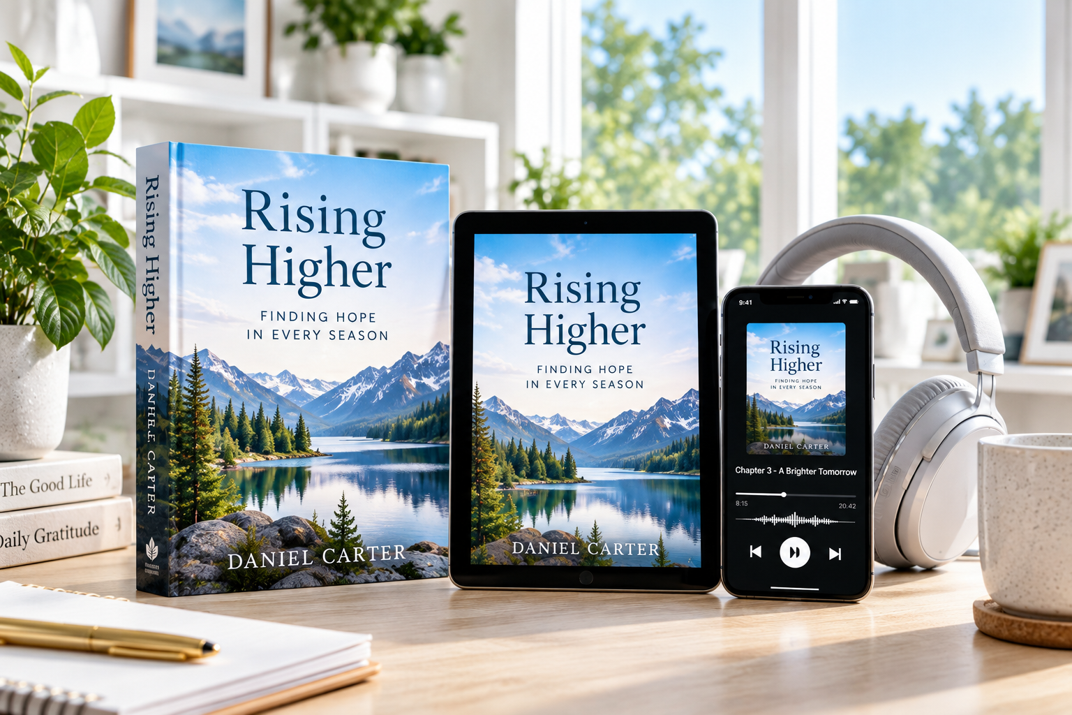 Rising Higher playing as an audiobook on a phone, beside headphones and the eBook